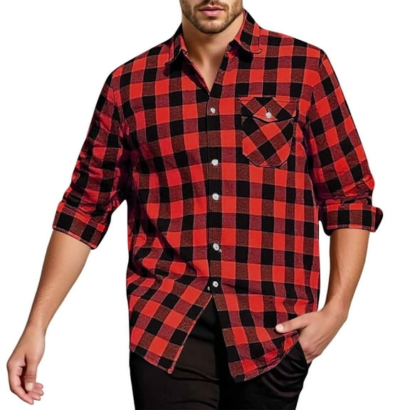 hlysgo Plaid Shirts for Men Regular Fit Long Sleeve Button Down Shirt with Chest Pockets Men's Fashion Work Clothes Going Out Tops Red XXL