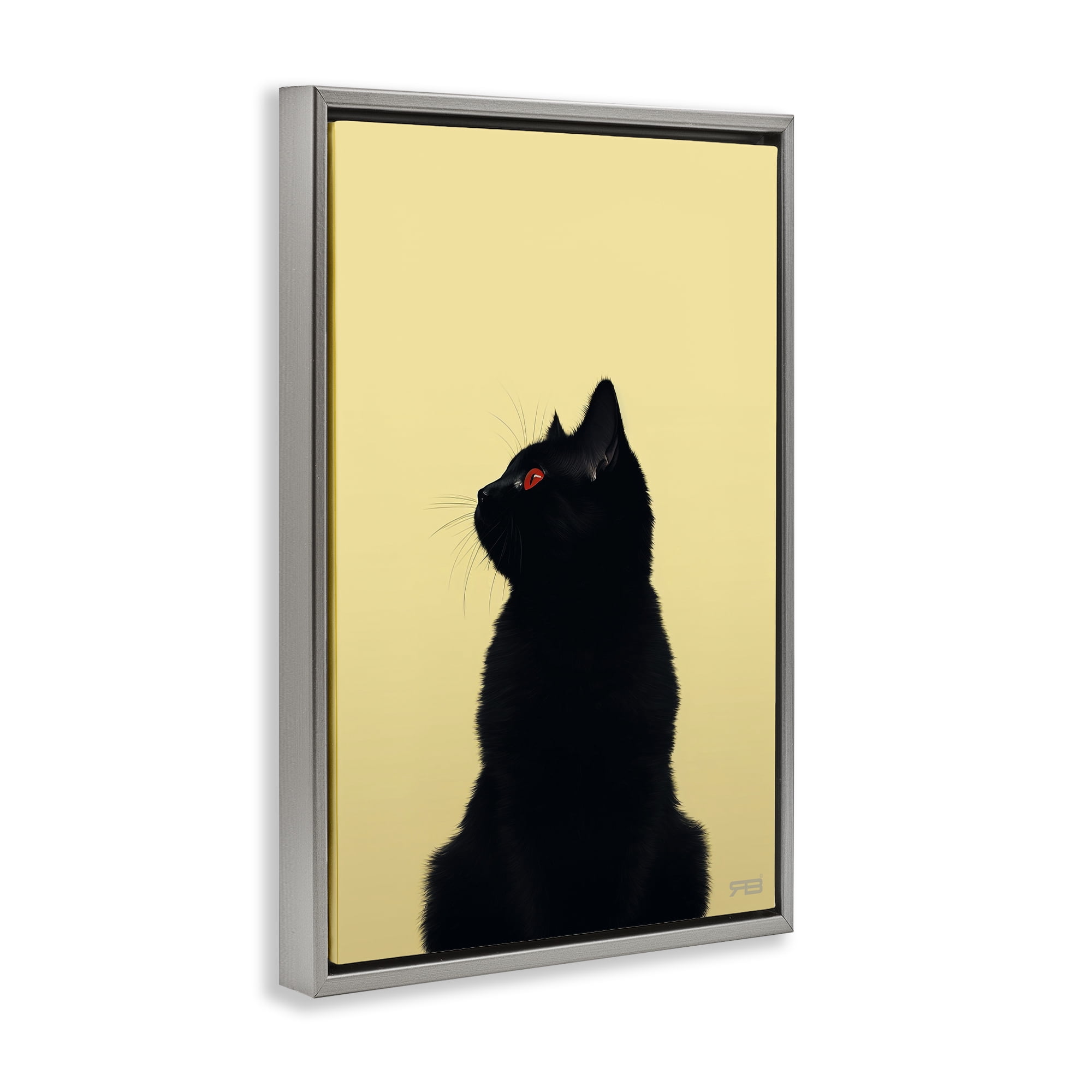 Stupell Industries Black Cat on Yellow Animals & Insects Painting Gray Floater Framed Canvas Art Print Wall Art, 21 x 31