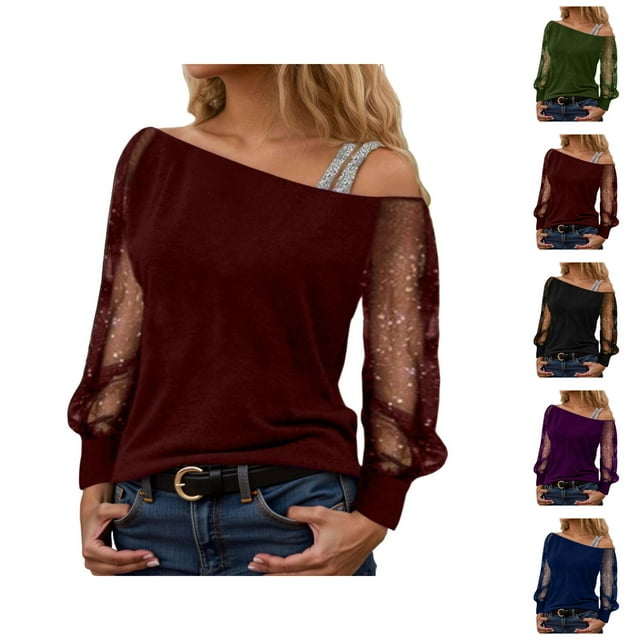 Womens Sparkle Top 2026 Spring Trendy Y2K Long Sleeve Off Shoulder Mesh T Shirts Going out Top Rave Outfits