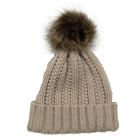 absanyy Women's Beige Beanie - Faux Fur Pom Pom, Ribbed Cuffed Brim, Warm, Free Size (One Size Fits Most) - Outdoor & Casual Winter Wear