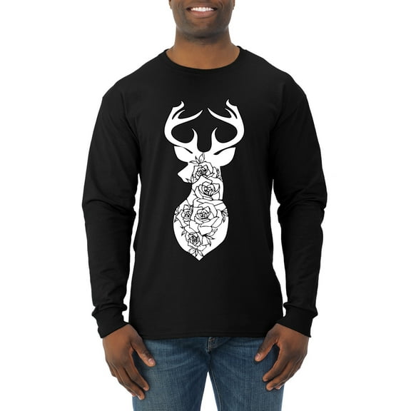 Deer Rose Animal Lover Mens Long Sleeve Shirt, Black, Small