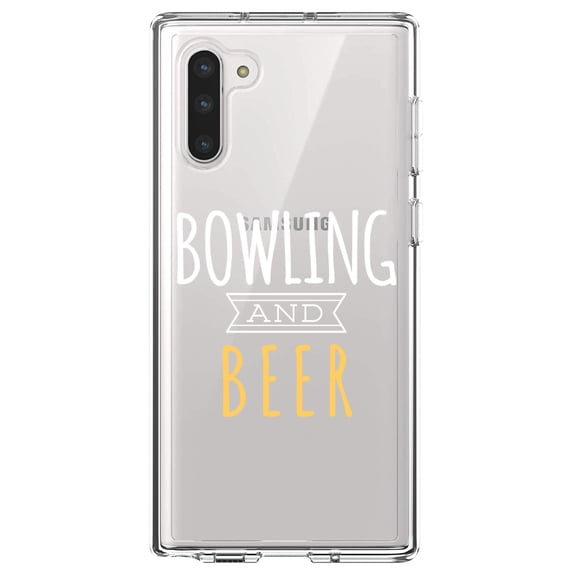 DistinctInk Clear Shockproof Hybrid Case for Samsung Galaxy Note 10 (6.3" Screen) - TPU Bumper Acrylic Back Tempered Glass Screen Protector - Bowling and Beer
