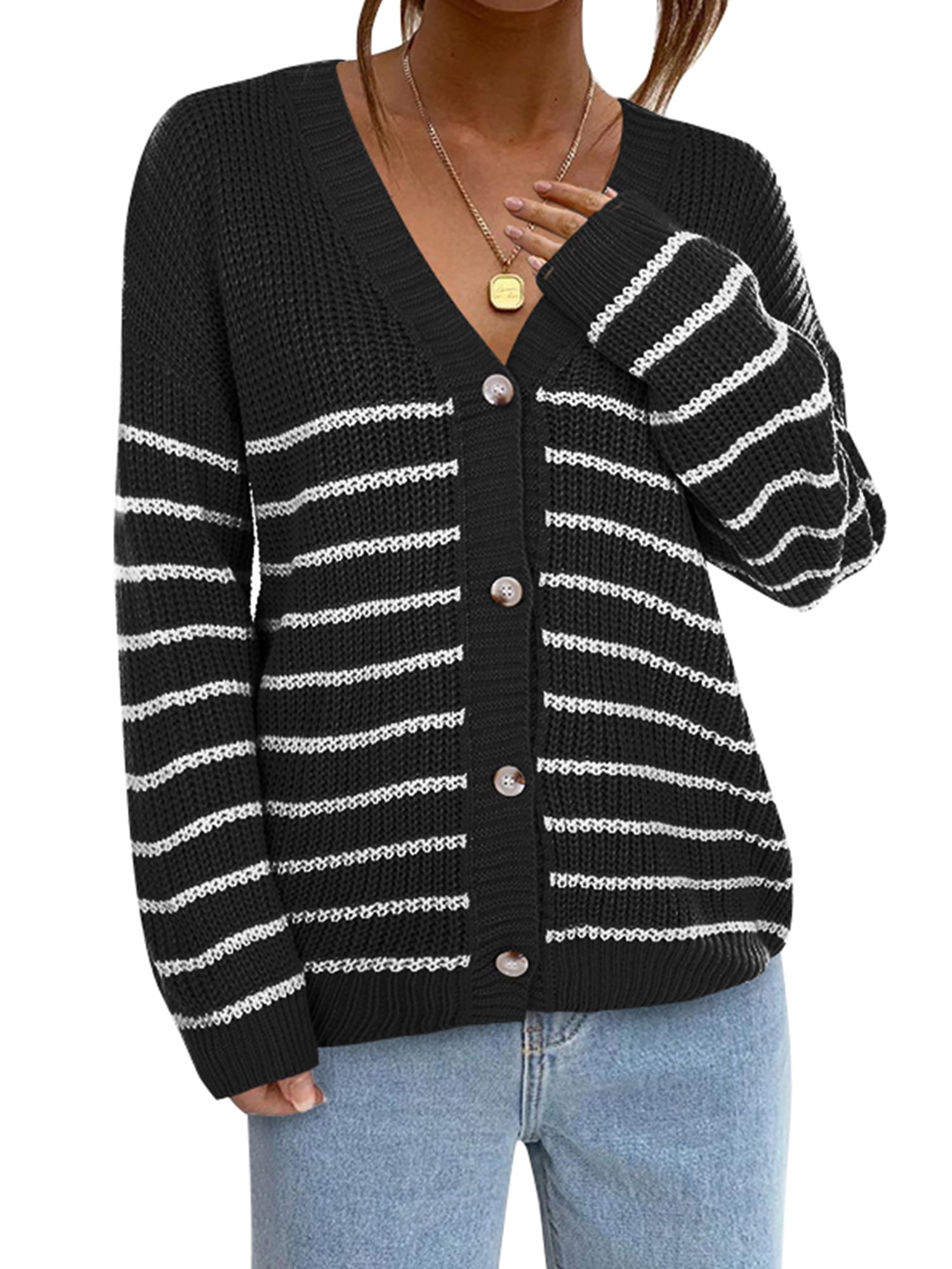 Bebiullo Women's V-Neck Striped Button Down Knitwear Long Sleeve Soft Basic  Knit Cardigan Sweater Black XL - Walmart.com