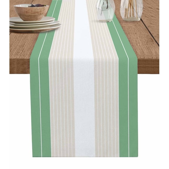 Green Beige Stripe Table Runner Cotton Linen 90 Inch Holiday Dresser Scarves, Modern Art Horizontal Striped Tablerunner for Kitchen Coffee Dining Bedroom Living Room Dinner Scarf Décor 13''x90''