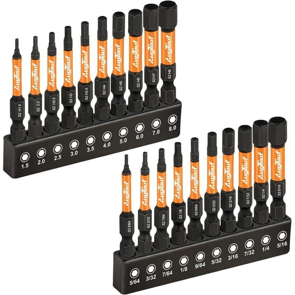 toolant Impact Hex Head Allen Wrench Drill Bit Set 20pcs (Metric&SAE), 1/4” Hex-Shank S2 Steel Hex Bits Set, CNC Machined Tips with Magnetism, 2” Long with Storage Box