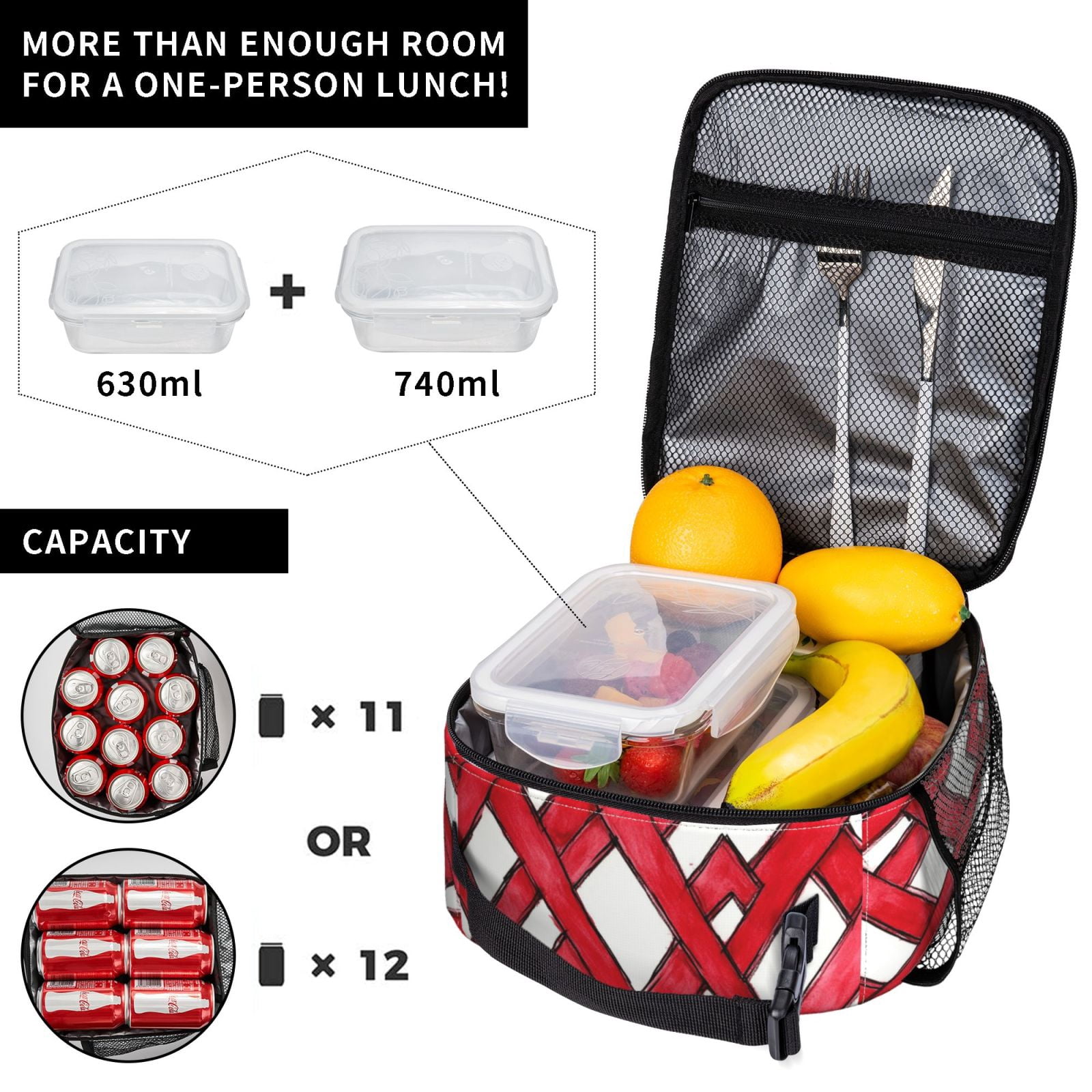 Lunch Bag For Women Men Insulated Portable Lunch Box Bento Box Office Picnic Travel Cooler Bag Crimson Moroccan Trellis Hand-Drawn Sketch_3