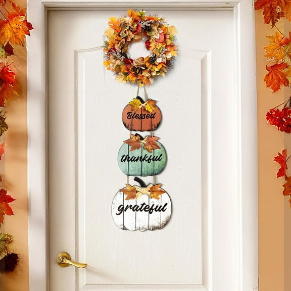 Autumn Magic: Rustic Farmhouse Fall Home Decor - Hanging Wooden Pumpkin Door Sign with 'Blessed Grateful Thankful' Letters, Perfect for Outdoor Walls & Porches!