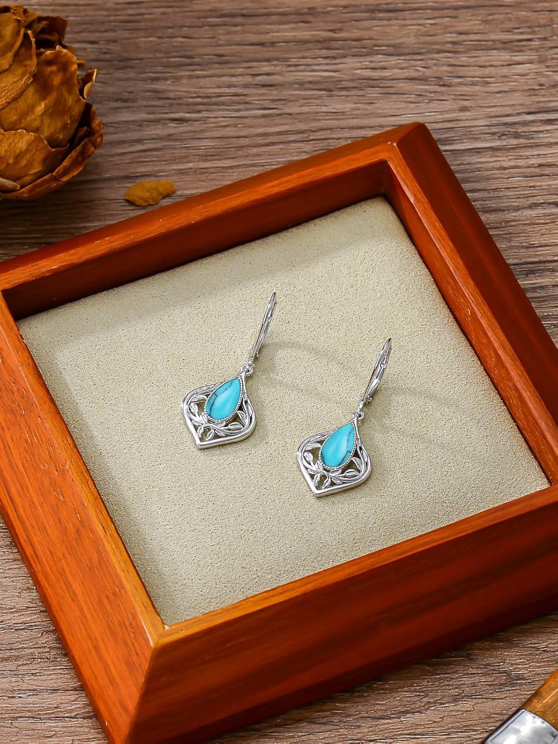 JKR Moss Agate Filigree Teardrop Earrings 925 Sterling Silver Gemstone Leverback Earrings Jewelry Birthday Valentines Mothers Day Gifts for Women