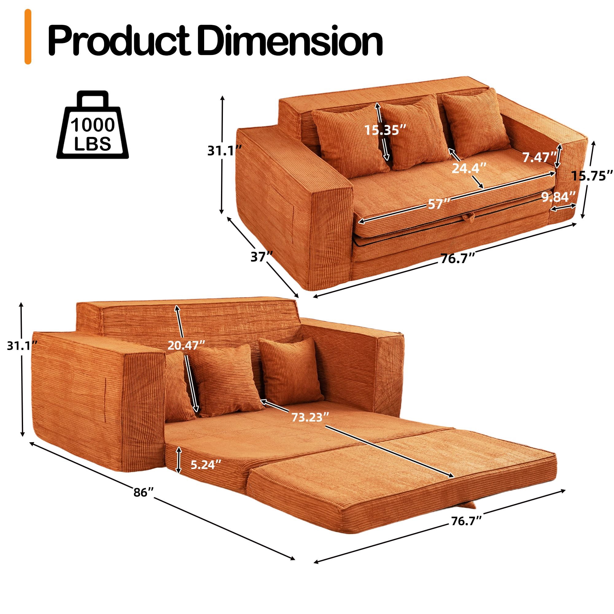 Vicluke Memory Foam 3 Seater Sofa Couch, Convertible Sleeper Sofa Bed w/Corduroy Fabric, Side Pockets, Foldable Upholstered Compressed Sofa Bed for Living Room, Apartment No Assembly Required (Tan)