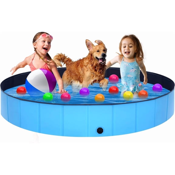 Foldable Dog Pool - 63" x 12" Anti-Slip Portable Dog Swimming Pool, Hard Plastic Collapsible Kiddie Pool for Outdoor and Indoor for Pets Dogs Cats and Kids