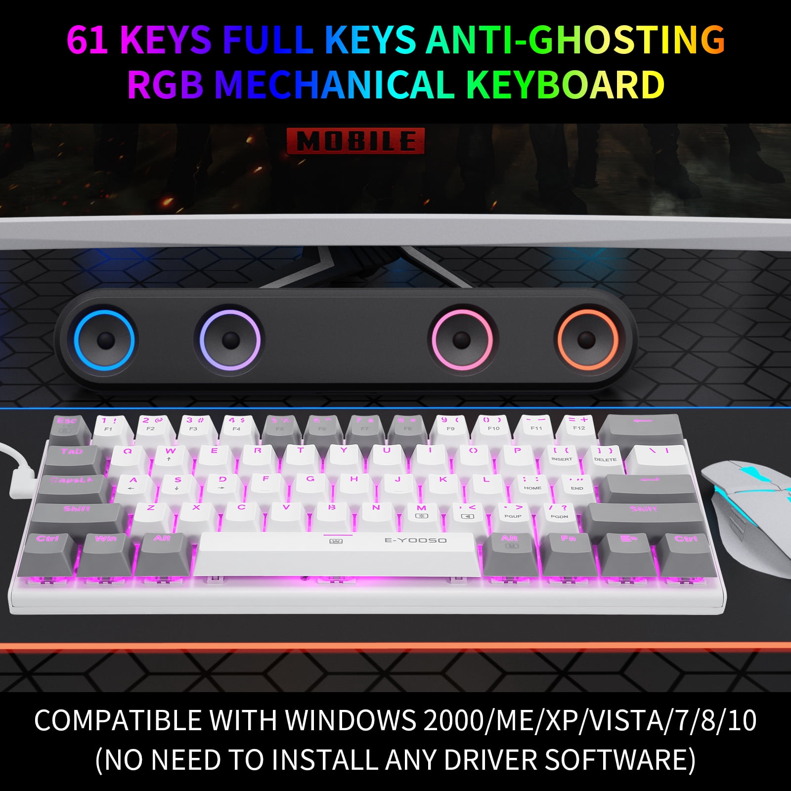 60% Wired Mechanical Gaming Keyboard, E-YOOSO RGB Backlit Ultra-Compact 61 Keys Hot Swappable Mini Waterproof Wired Office Keyboard with Blue Switches for Windows, Mac OS Gamers (White Grey)