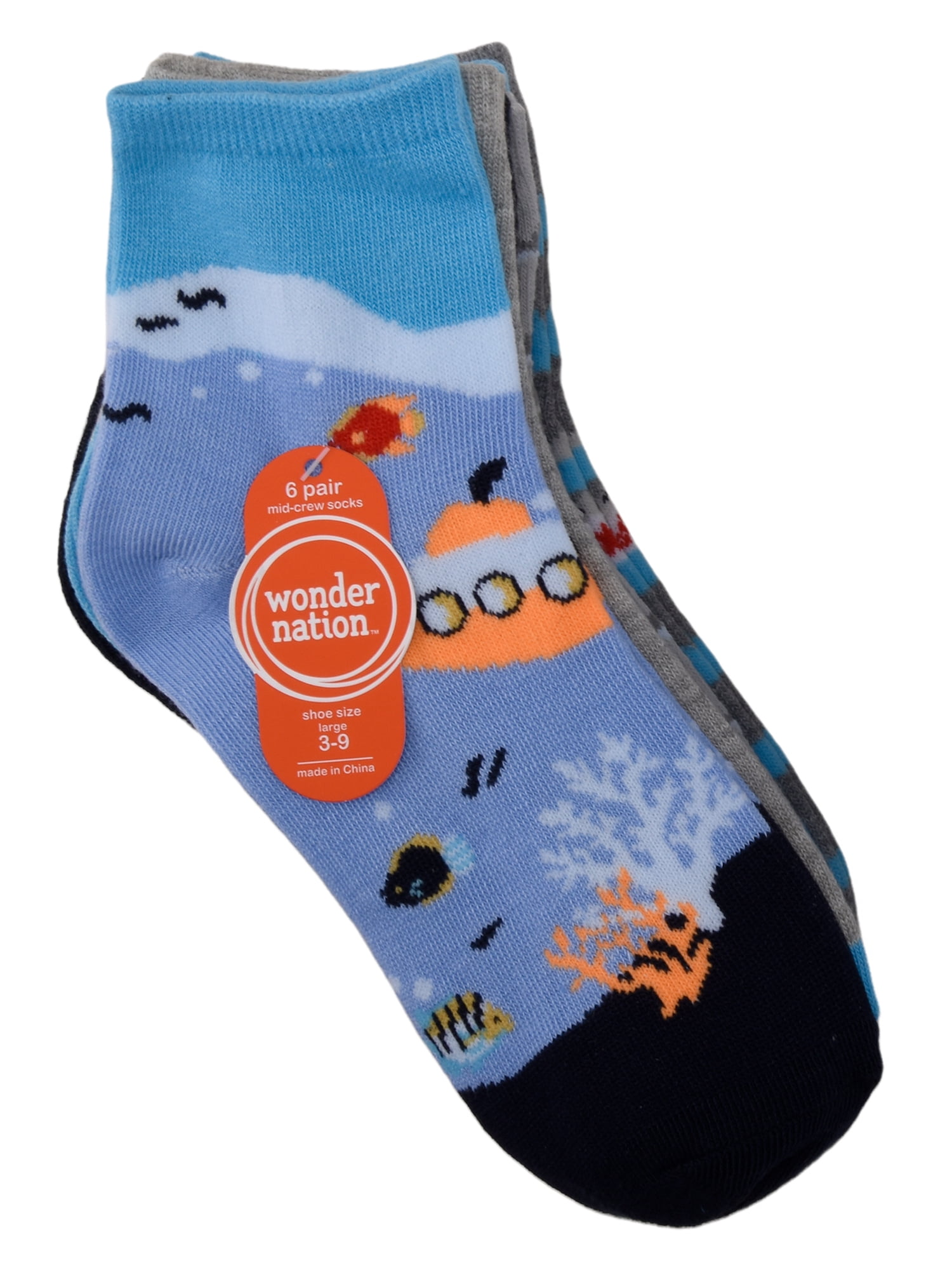Wonder Nation Mid Crew Graphic Socks, 6-Pack Boys Shoe Size S (4-8.5) - L (3-9)
