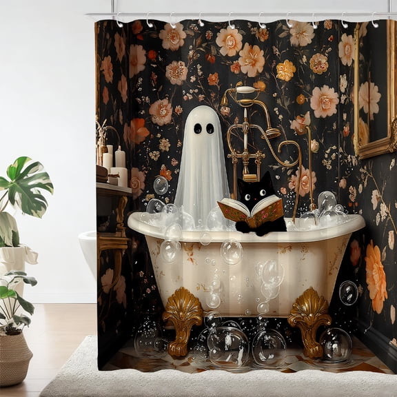 Skodaer Halloween Shower Curtain for Bathroom Decor 72 x 72 Inch, Ghost Black Cat Reading Shower Curtains Cute Spooky Dark Floral Aesthetic Waterproof Washable Bath Curtain Set with hooks