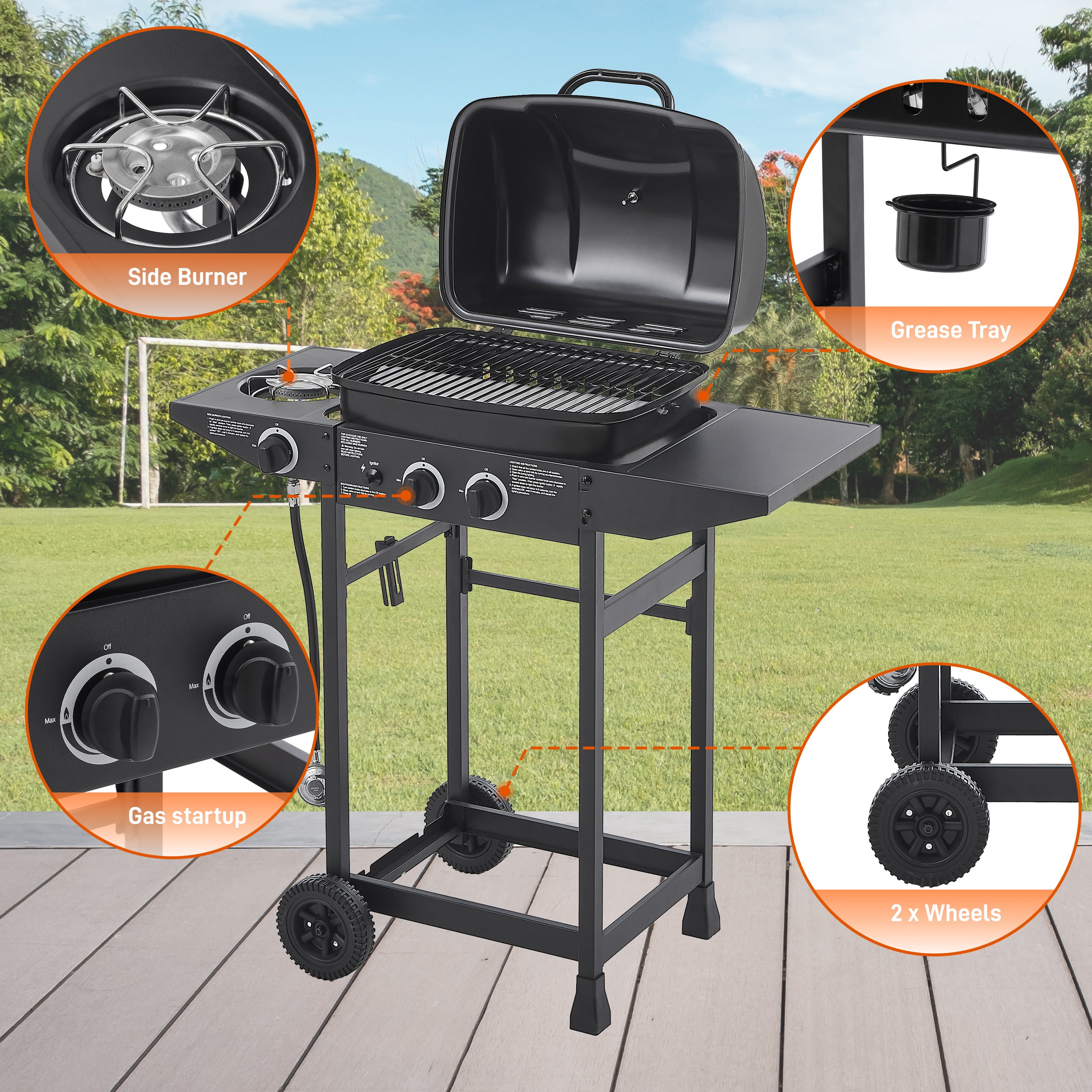2 Burner Propane Gas Grill with Side Burner, 24000 BTU Outdoor BBQ Grill, Stainless Steel with Enameled Grates & Side Tables, Freestanding Patio Cooker for Backyard Kitchen