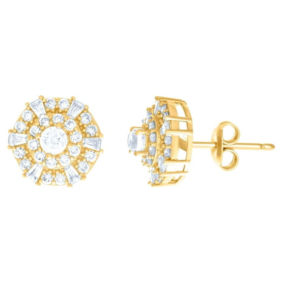 10k Yellow Gold Womens Baguette Round Cubic Zirconia Fashion Stud Earrings 9.7x9.7mm Wide Stud Earring for Women