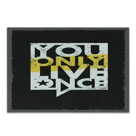 YOLO Cutting Board, Contemporary Style Message on Life in a Speech Bubble Grunge Background, Decorative Tempered Glass Cutting and Serving Board, Small Size, Black White and Yellow, by Ambesonne