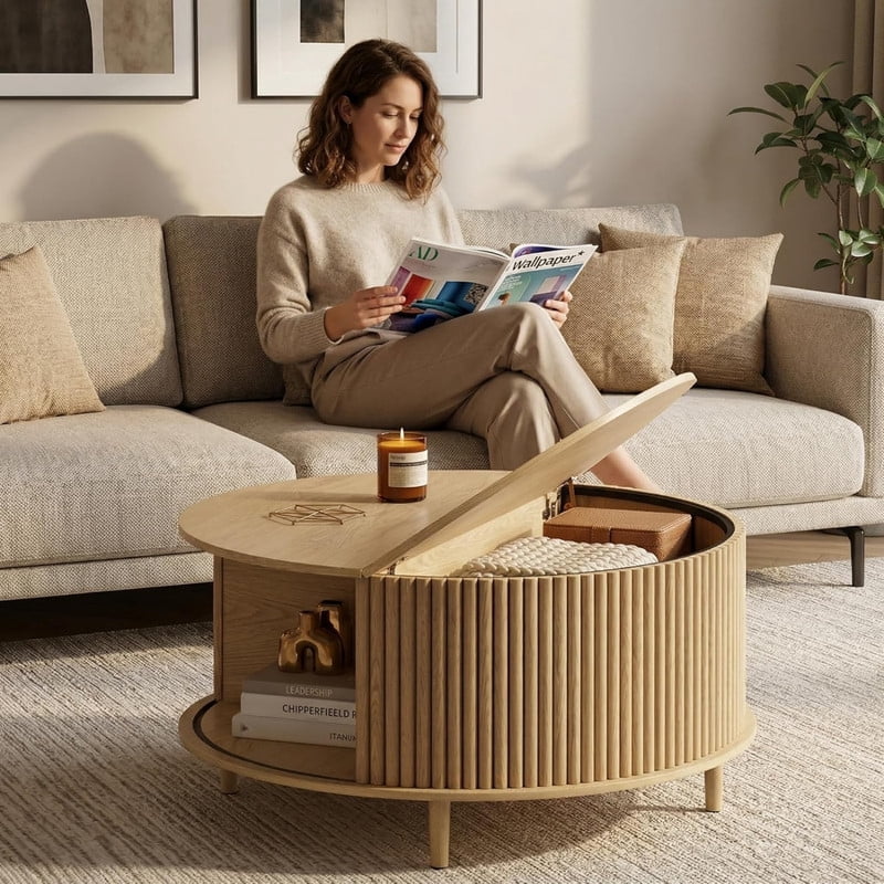 Kelno 31" Coffee Table Round Coffee Tables with Storage Mid Century Rustic Wood Desktop with Hidden Compartment Sliding Cabinet Door, Natural Wood