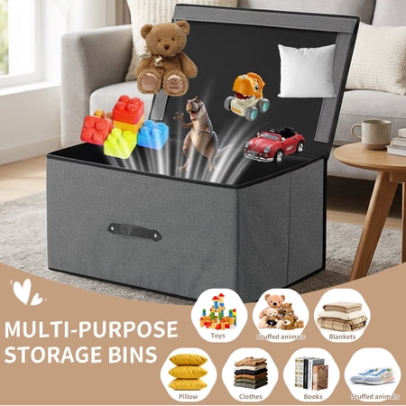 HONEIER Large Toy Box, Toy Box with Lid, Foldable Toy Box Storage Chest for Kids Playroom Nursery Living Room, 24 x 16 x 12 Inches, Gray