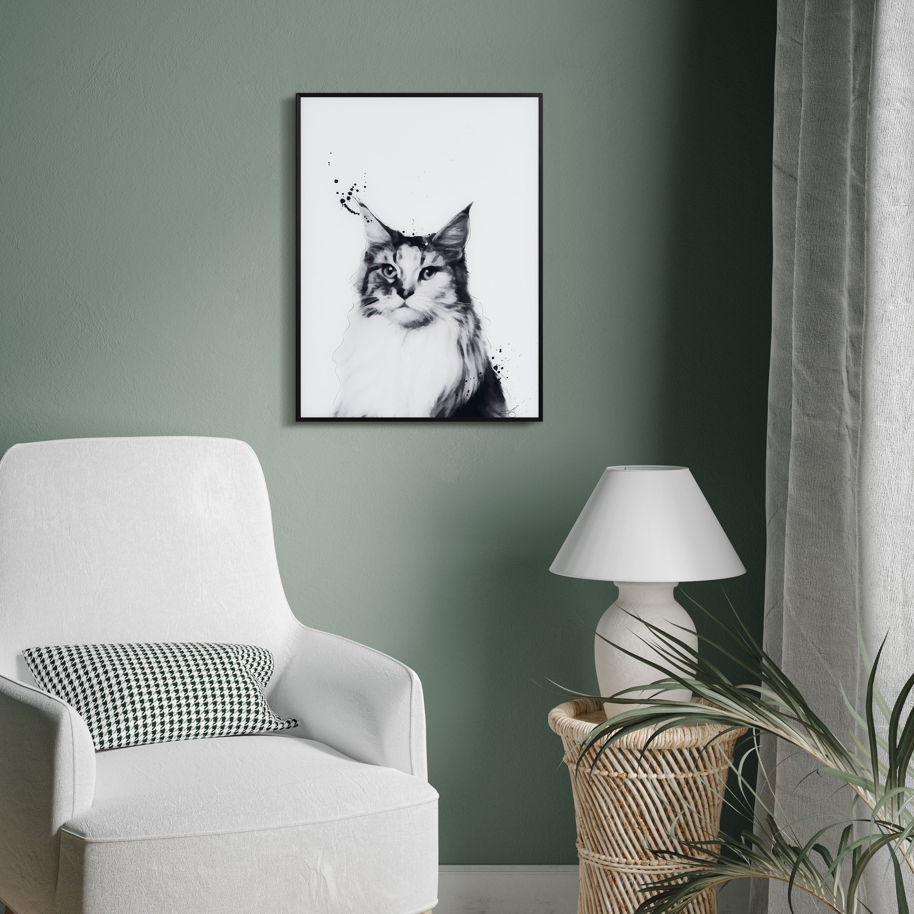 "Siberian Cat" Black and White Pet Portraits on Reverse Printed Art Glass, Minimally Encased on Black Anodized Aluminum Frame
