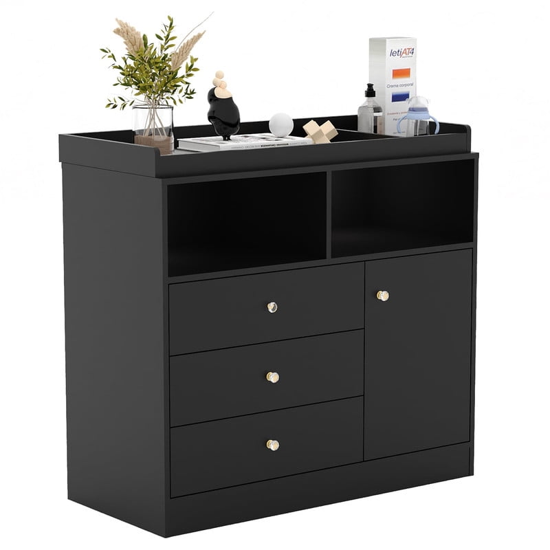 TROPOW Baby Changing Table Dresser with Detachable Top, Wooden Diaper Station with 3 Drawers, 2 Shelves & Cabinet, Modern Nursery Dresser for Baby Room, Black