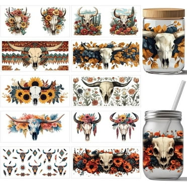 10 Pcs Cow Skull UV DTF Cup Wrap Transfer Sticker 10 Styles Flowers Western Transfer Halloween Paper Rub on Stickers PVC Cup Wrap Waterproof Decals for Glass 24x11cm/9.4x11inch