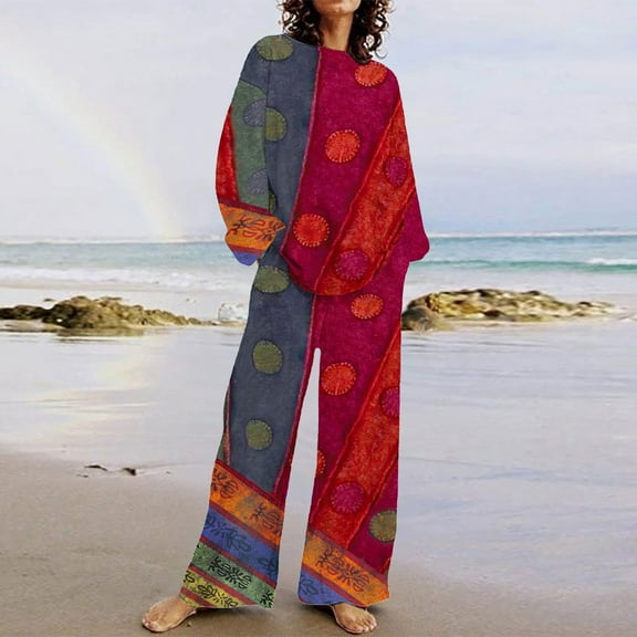 ABPWLY 2 Piece Sets for Women Lounge Sets for Women Vintage Ethnic Style Print Plus Size Long Sleeve Pullover Wide Leg Pants Outfits Homewear Sets Women Clothing