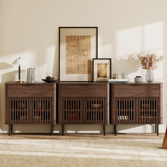 94.5" Sideboard Buffet Cabinet with Storage - Fluted Kitchen Credenza Cabinet with Pop-up Doors and Drawer, Walnut