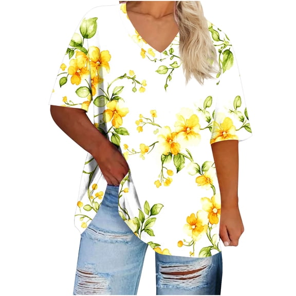 ZQUUVOU Women's Plus Size T-Shirt V-Neck Short Sleeved Solid Summer Base Tunic Blouse A-Yellow (5XL)