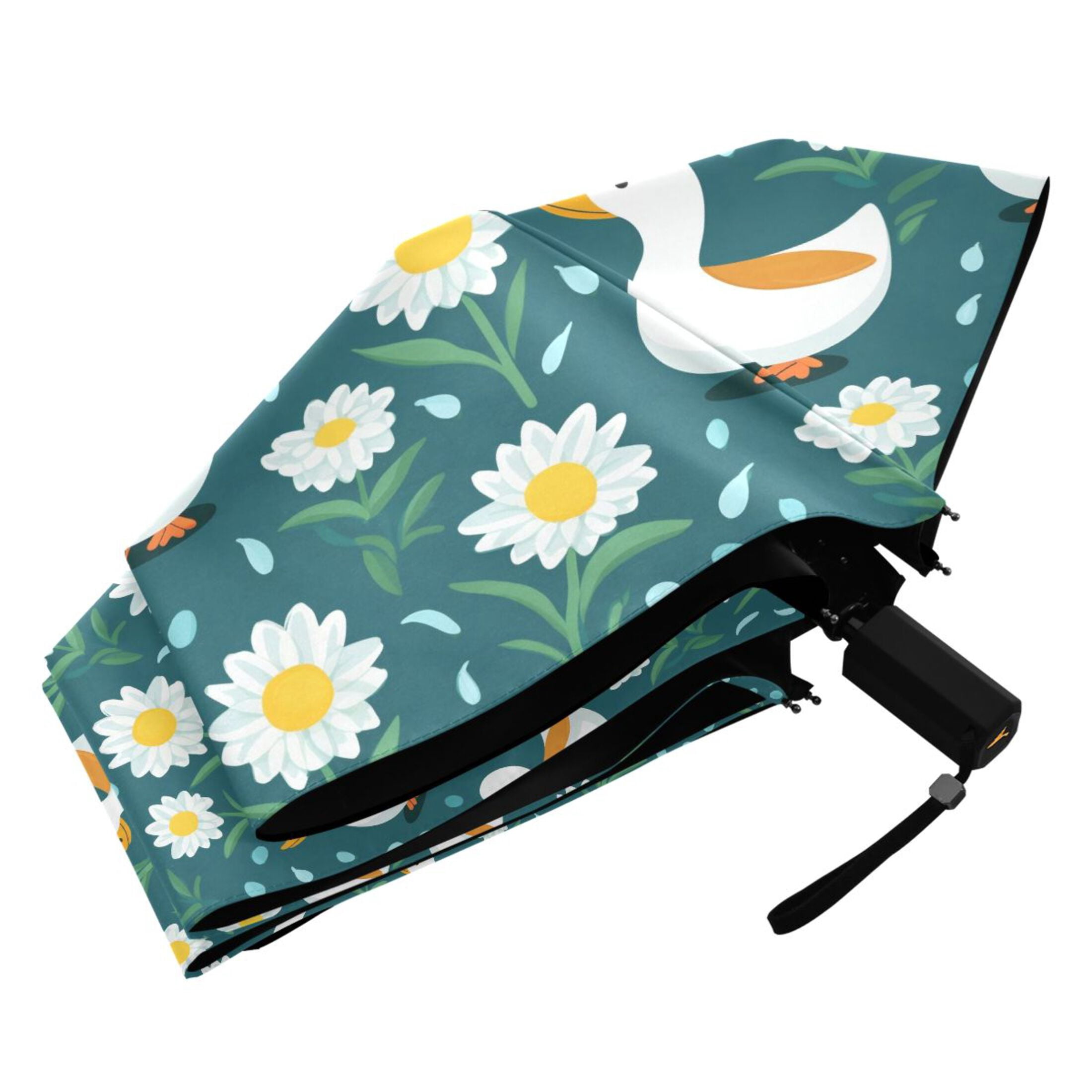 Cartoon Cute Duck and Daisies Compact Sun Umbrella Windproof Travel Umbrellas for Rain Strong Portable UV Protection