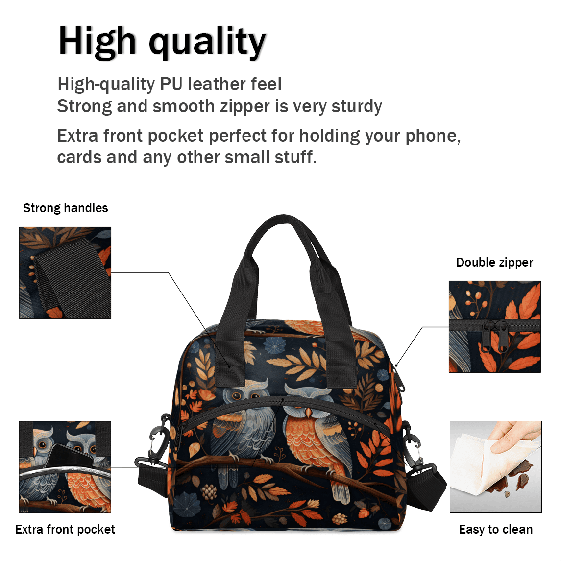 Herdesigns Cartoon Owl Insulated Lunch Bag for Women Men Adults Large Reusable Lunch Box Cute Owls Leakproof Cooler Tote Bags with Adjustable Shoulder Strap