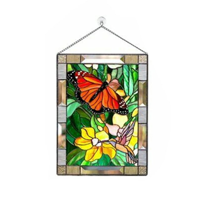 MOQIN Sunflower Stained Glass Window Hangings, Butterfly Stained Glass Window Hangings, 6 in x 8 in H Suncatcher Panel Windows Wall Decor with Metal Frame & Chain