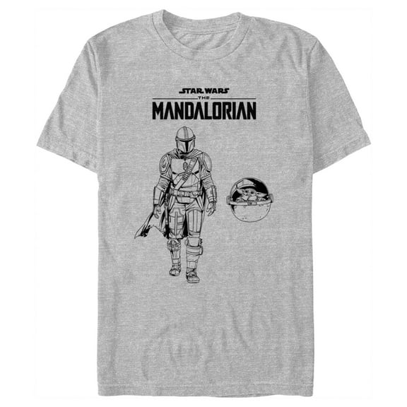 Men's Star Wars: The Mandalorian Grogu and Din Djarin Black and White Sketch  Graphic Tee Athletic Heather 2X Large