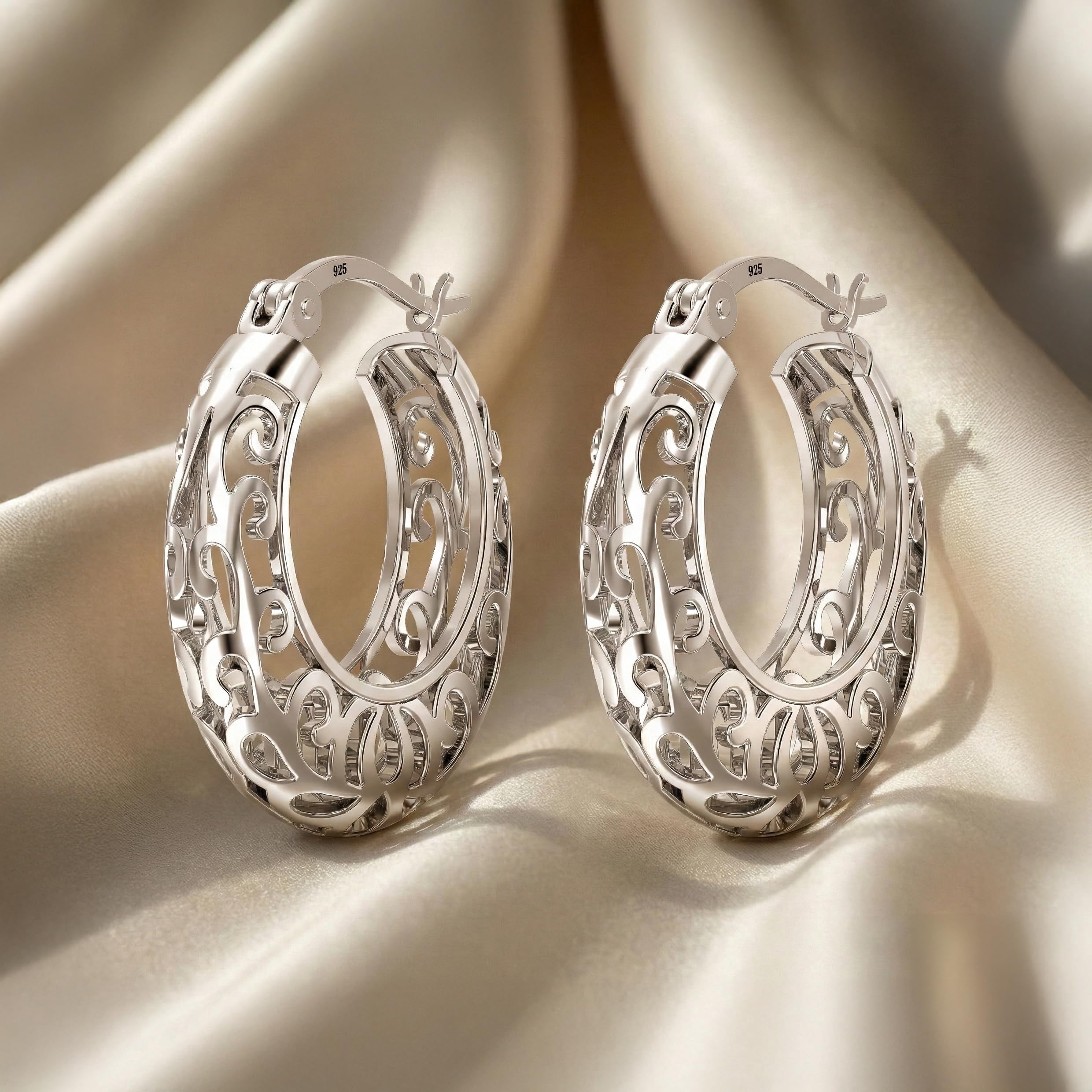 LeCalla 925 Sterling Silver Earrings for Women | Round Filigree Hoop Earrings