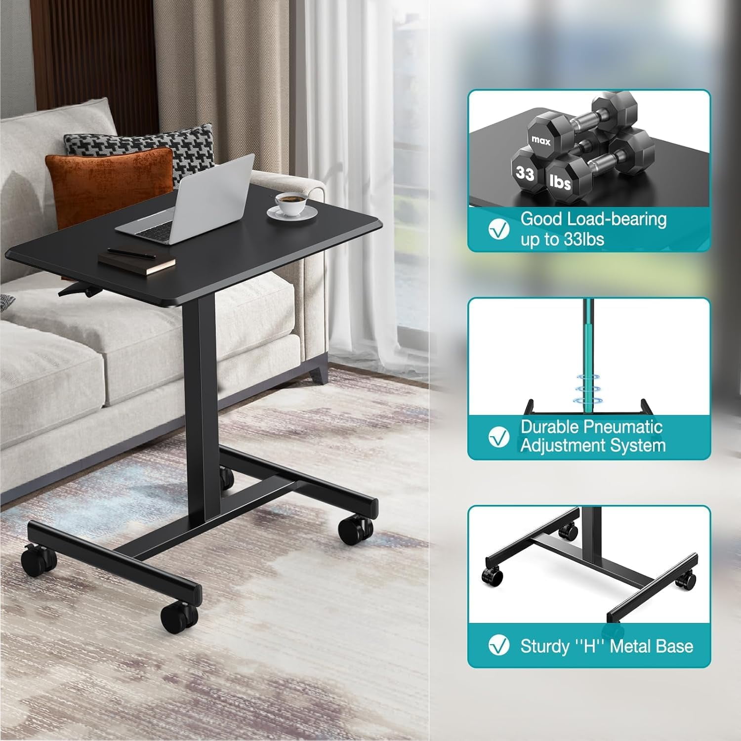 Small Standing Desk, Mobile Stand up Desks with Lockable Wheels, Adjustable Height, 26 Inch Portable Rolling Laptop Computer Desks for Home,Black