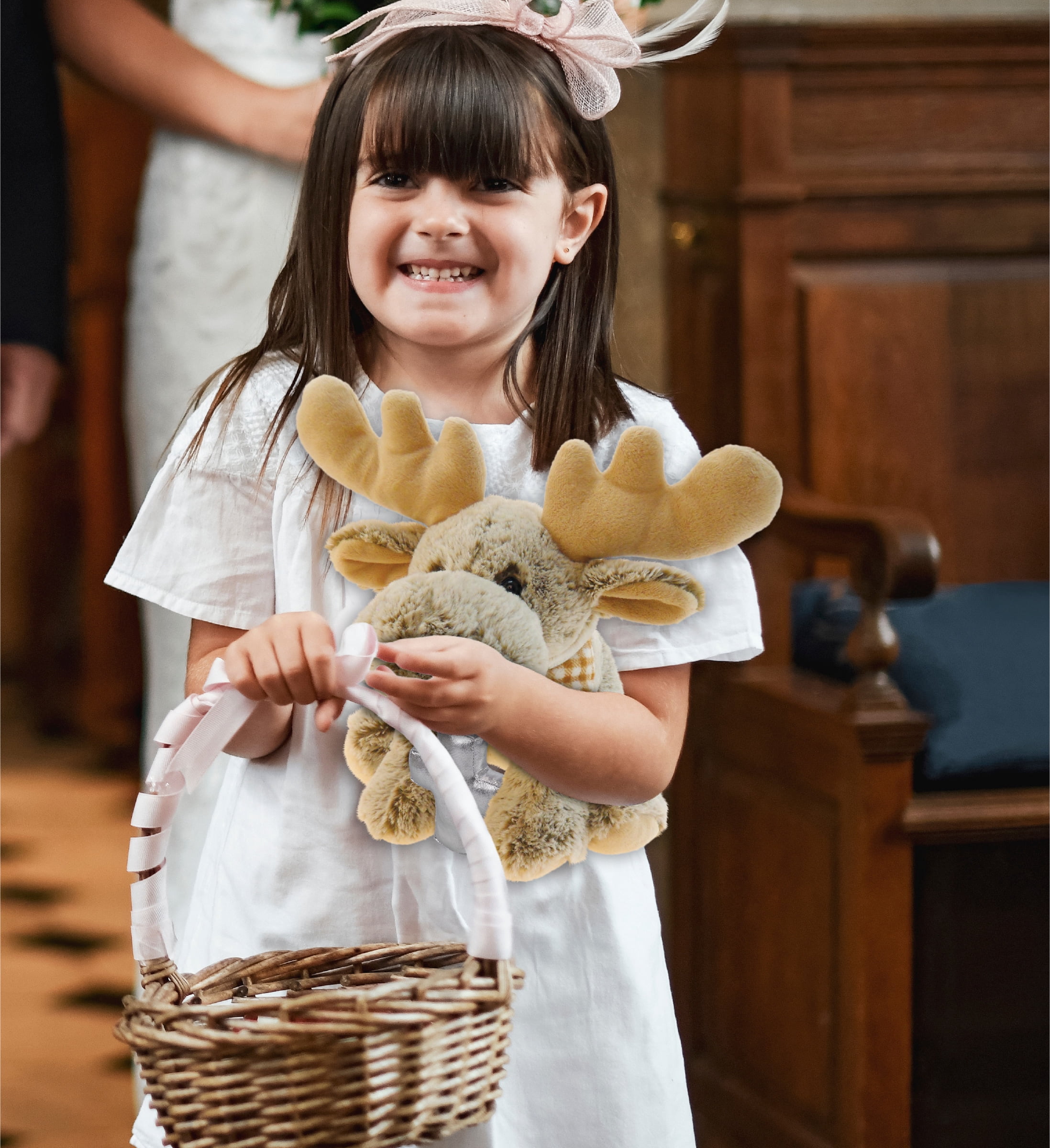 DolliBu Floppy Moose Stuffed Animal with Silver Cross Plush - Religious Baby Baptism Gifts for Boys and Girls, Dedication Christening Gifts Plush Prayer Toy, Healing Stuffed Animal Toy - 12 Inches