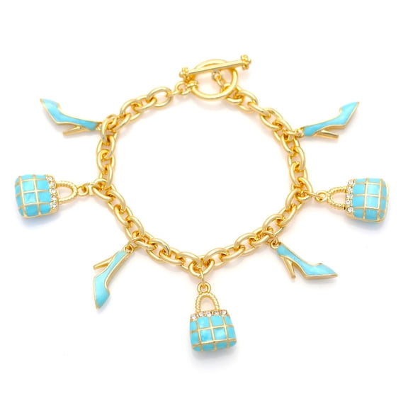 Tazza Gold-Tone Turquoise Enamel Charm Bracelet for Women | Enamel Shoe and Handbag Charms Crystal Toggle Bracelet Gift for Her