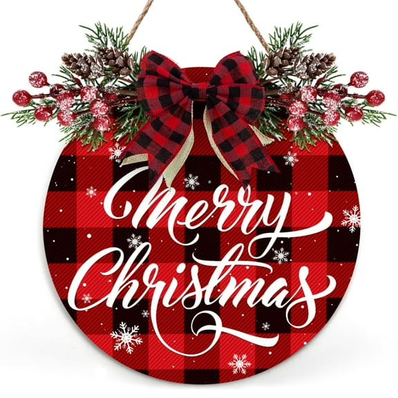 Christmas Door Sign, Round Merry Christmas Front Door Sign 12 X 12 Inch Christmas Welcome Sign Farmhouse Christmas Door Wreath Sign For Porch Yard Christmas Front Door Decorations (Buffalo Plaid)