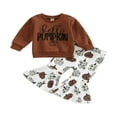 thumbnail image 1 of OUSITAID Girls Autumn Sets Brown Long Sleeve Letter Pullover Pumpkin Print Flared Pants, 1 of 6