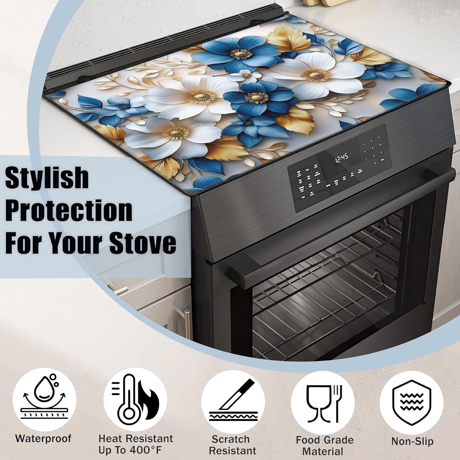 Groovy Flower Glass Top Stove Cover Protector,Modern Blue White Gold Flower Heat Resistant Stove Top Cover, Large Size Range Covers for Electric Stove Countertop Mat, 28 x 20 Inch