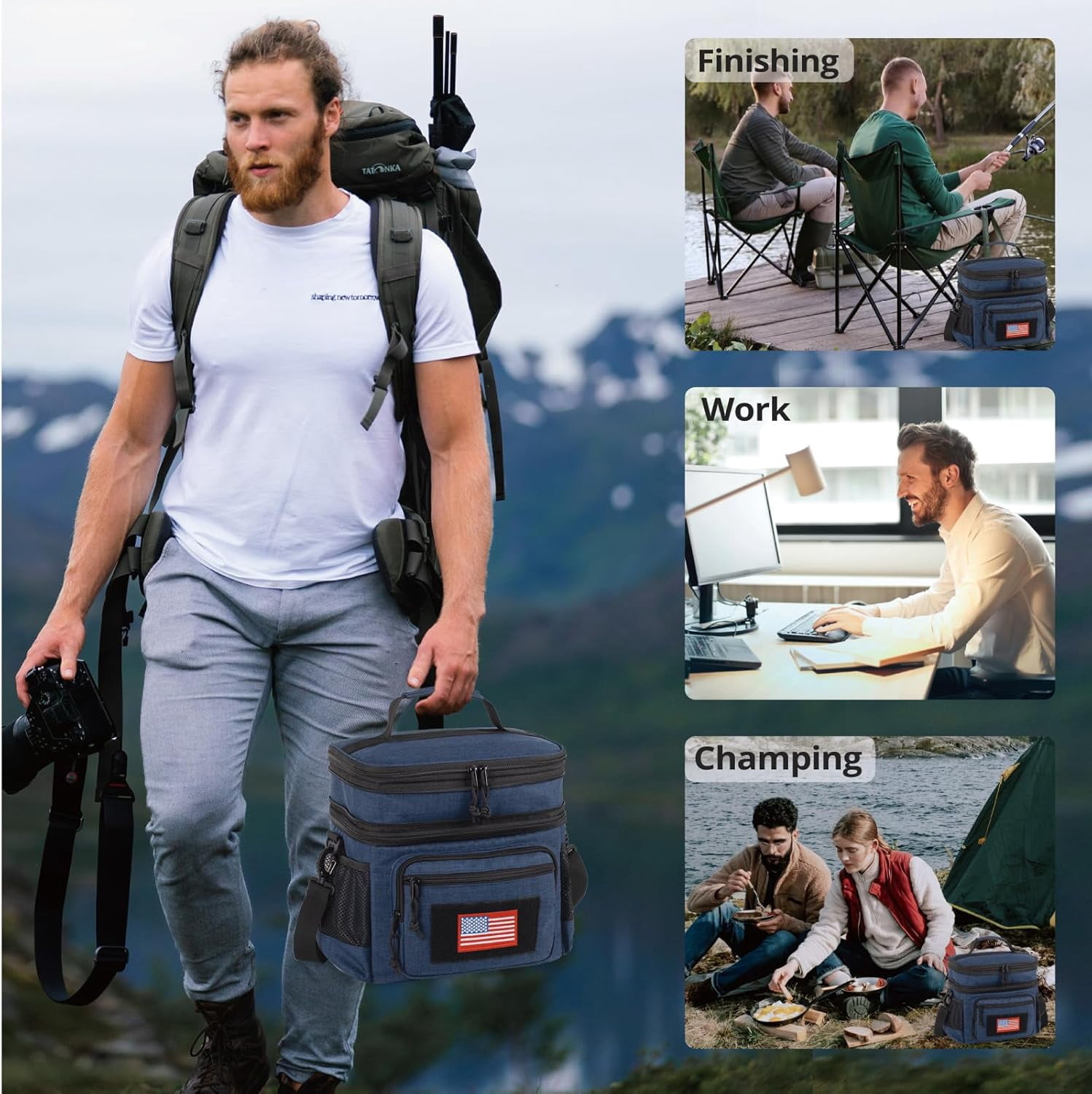 ATRIPACK Double Deck Lunch Box for Men, Lunch Cooler Bag Work with Shoulder Strap Webbing Large Capacity Leakproof Insulated(19.5 Blue)