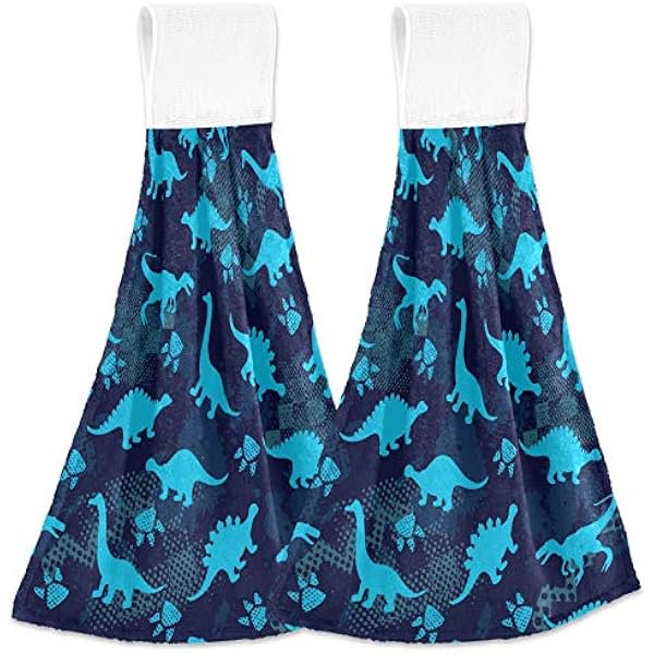 wonima01 Blue Dinosaur Footprint Hanging Tie Towels 2 Pack Kitchen Hand Towels Dishcloths Sets with Loop Soft Cotton Absorbent Hand Towels for Bathroom Gym Restaurant Hotel BBQ Machine Washable