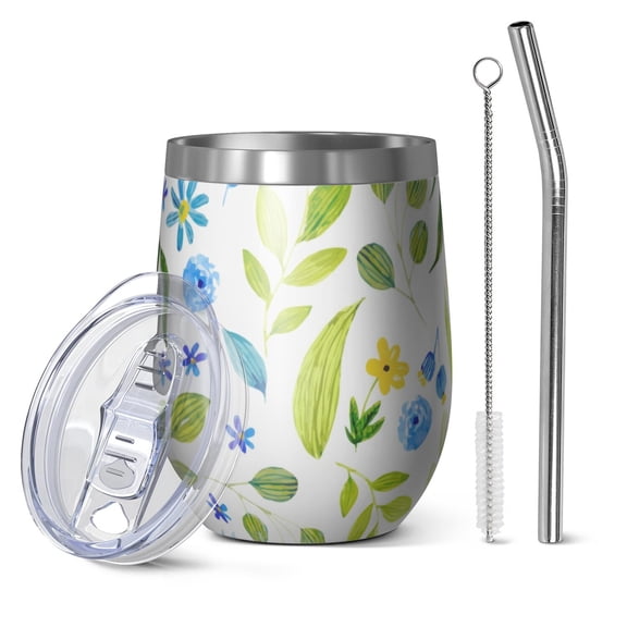 Floral 12oz Stainless Steel Insulated Wine Tumbler with Lid and Straw – Double Wall Vacuum Mug for Hot & Cold Drinks, 304 Steel Interior, Sweat-Free Design,Thanksgiving,Christmas, Spring,Flower