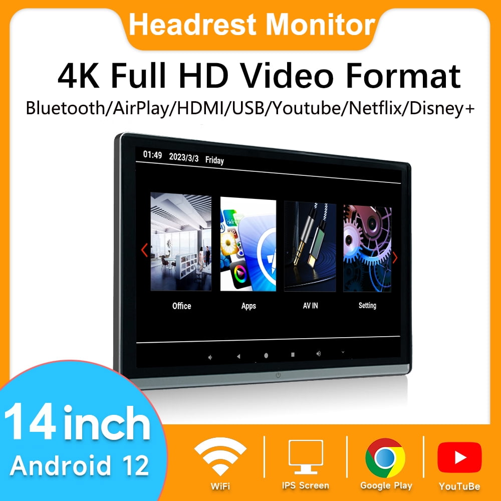 14‘’ Headrest Monitor Display IPS Android 12 Touch Screen For Car Rear Seat Player Video Music FM Bluetooth AirPlay HDMI
