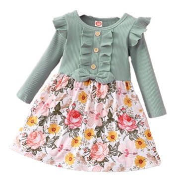 

Toddler Girls Long Sleeve Green Flower Fall Casual Dress Size 5-6 Years(Green)