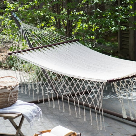 Fringe Hammock Coral Coast XXL Hand Woven Mayan Solid Thick String Double Hammock with Fringe and Spreader Bar ()