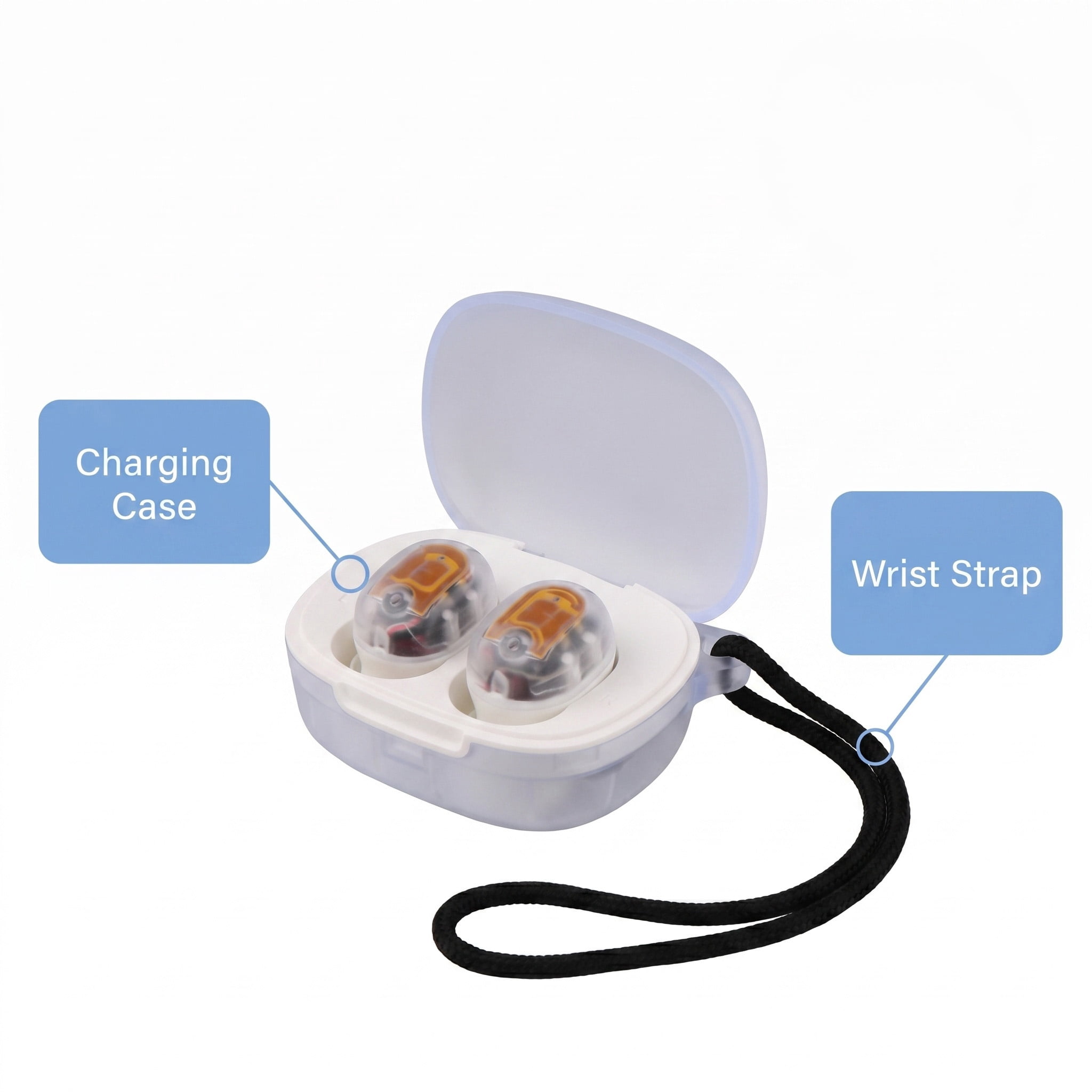 onn Wireless Mini-Earbuds with Wrist-Strap, Clear and White