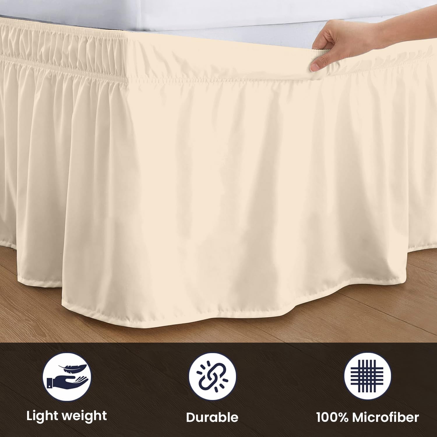 SGI bedding 10 inch Drop Wraparound Bed Skirt King Size - No Lifting Required, Adjustable Easy Fit Elastic Strap, Classic Gathered Styling Dust Ruffle, Fade Resistant -Beige
