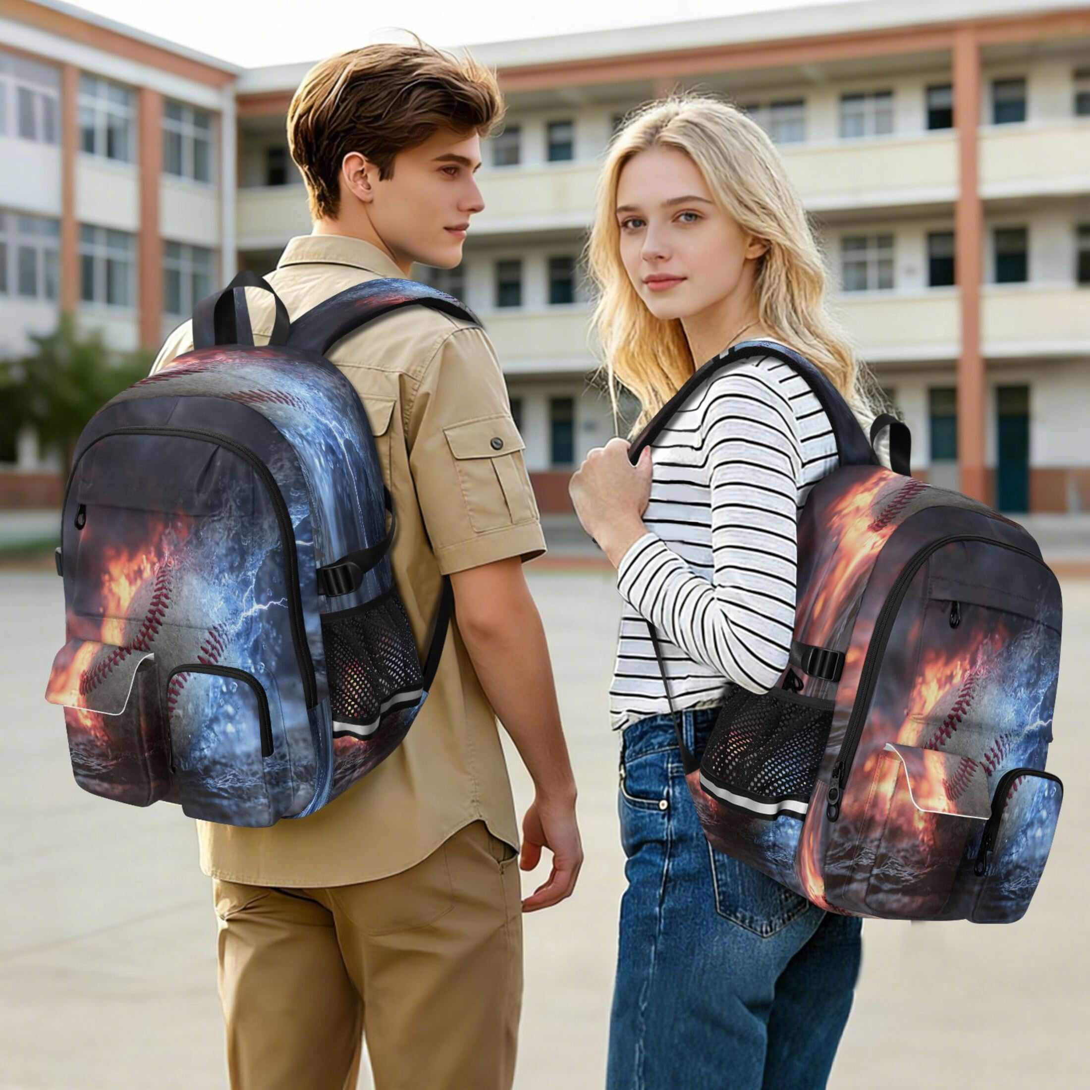 30L Backpack Durable Computer Bag for College & Travel Lightweight Daypack Fits 15.6" Laptop Baseball with Water and Fire