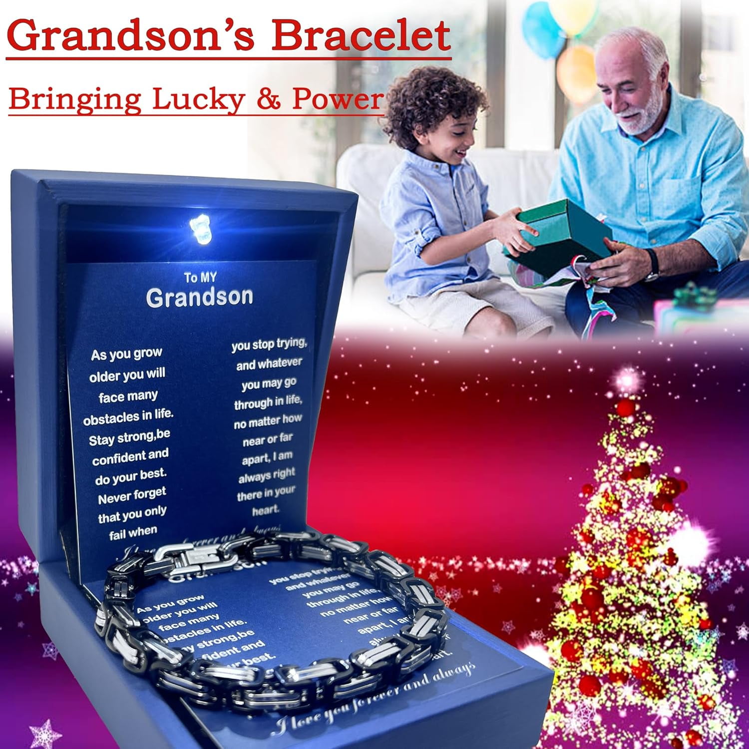 To My Grandson Bracelet Grandson Gifts From Grandma Grandparents Graduation Birthday Christmas Gifts With Message Card＆LED Gift Box
