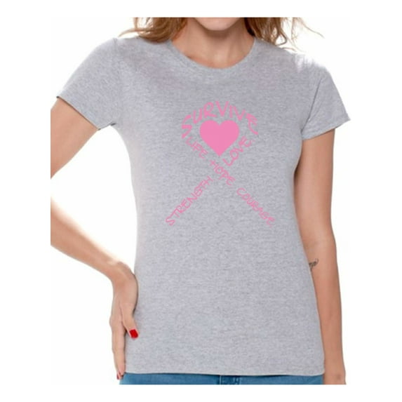 Awkward Styles Women's Survive Heart Graphic T-shirt Tops Pink Ribbon Cancer Awareness Hope Love Life
